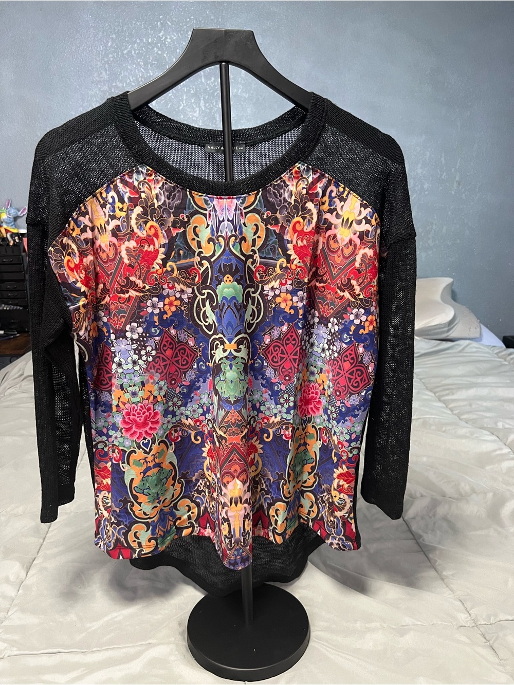 Nally & Millie Black Raglan Top with Multicolor Ornamental Floral Panel